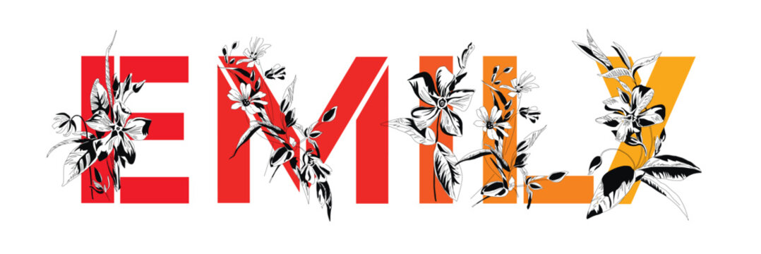 Woman's name Emily. Font composition named EMILY. Decorative floral font. Typography in the style of art nouveau, modern, vintage.