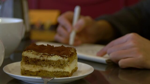 Girl artist draws in a cafe, in the foreground is a piece of tiramisu