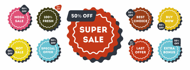 Sale offer price sign set. Discount 10%, 20%, 30%, 40%, 50%, 60%, 70%, 80%, 90%. 9 elements