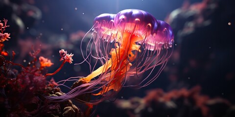 Fototapeta premium AI Generated. AI Generative. Red jellyfish underwater wildlife sea ocean aquarium life. Graphic Art