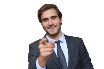 Confident businessman looking at camera talking about company strategy and business plan, explaining corporate success on a transparent background.