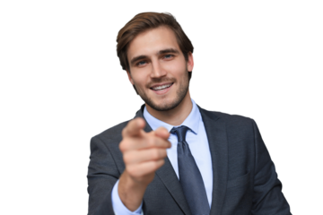Confident businessman looking at camera talking about company strategy and business plan, explaining corporate success on a transparent background.