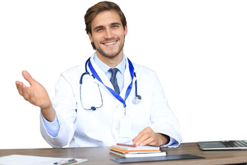 Smiling handsome male doctor talking at camera with patient on a transparent background