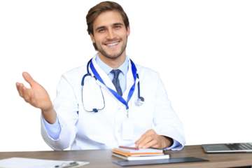 Smiling handsome male doctor talking at camera with patient on a transparent background