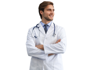 Portrait of doctor standing on a transparent background wearing lab coat and stethoscope.