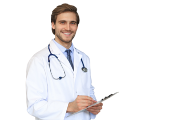 Handsome friendly young doctor on a transparent background looking at camera, smiling.