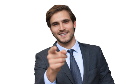 Confident businessman looking at camera talking about company strategy and business plan, explaining corporate success on a transparent background. - Powered by Adobe