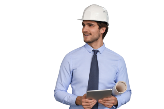 Confident young business man in hardhat holding blueprint and looking away while standing on a transparent background
