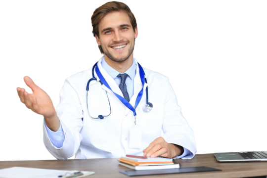 Smiling handsome male doctor talking at camera with patient on a transparent background