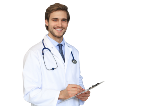 Handsome friendly young doctor on a transparent background looking at camera, smiling.