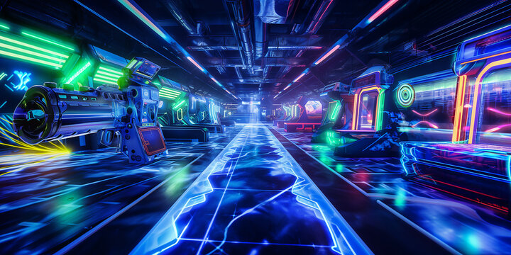 AI generated laser tag arena prompt: a photo realistic laser tag arena, green and blue lasers, motion blur