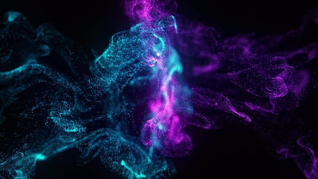 Fluid movement animated background. Blue and purple particles in the liquid with bokeh effect. Abstract colorful fluid slow motion background. Smoke explosion, two colors mixing in the water. 4k.	