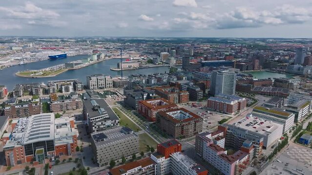 Beautiful aerial view of the Vastra Hamnen- The Western Harbour -district in Malmo, Sweden. Panoramic aerialview.
