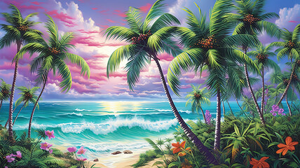 Fototapeta na wymiar Sunset beach palm trees waves. Generative ai