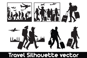 Travel silhouette vector bundle with suitcases on white background, Vacation silhouette bundle, Travel concept silhouette pack.