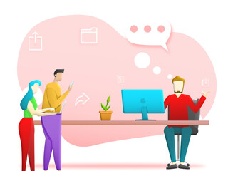 Communication People speaking about work. Man sitting play laptop talk to couple people with icon folder, upload, download and share on background. Illustration 3D contact business, online network