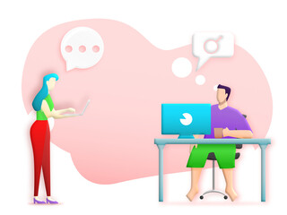 Communication People speaking about work. Man sitting play laptop and woman standing. Male with speech bubble, magnifying glass and female. Illustration 3D for content contact business, online network
