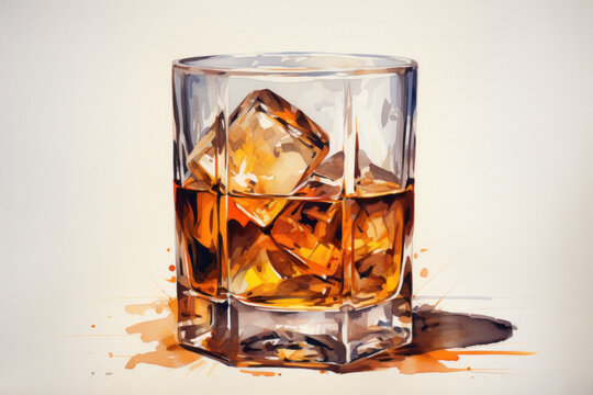 Glass of whiskey with ice. Watercolor illustration of an alcohol drink.