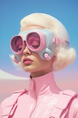 A surreal portrait of a woman in an outdoor setting, wearing pink and white goggles that provide a cool, pastel-hued accessory to her clothing, evoking a sense of dreamy exploration