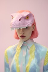 This surreal portrait of a woman wearing a pink dress and a dinosaur headband evokes a whimsical...