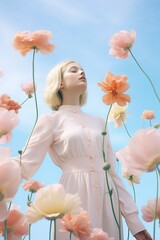 Obraz na płótnie Canvas Surreal and dreamlike, a woman stands in a tranquil field of pastel-hued petals and plants, embracing the freedom of the endless sky above