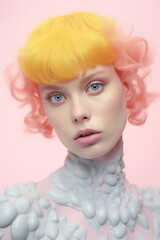 A surreal portrait of a doll-like person with a hairpiece of pastel pink and yellow hair, bright lips, and an enigmatic expression captures the imagination and evokes a feeling of wonder