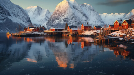 Little fishing village A on Lofoten islands in winter. Generative Ai - obrazy, fototapety, plakaty