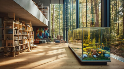Fototapeta na wymiar Innenansicht gemütliches Haus im Wald mit Glas und Holz. Generative Ai