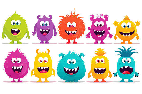 funny cute colorful monsters standing side by side, vector set illustration
