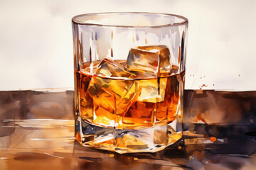 Glass of whiskey with ice. Watercolor illustration of an alcohol drink.