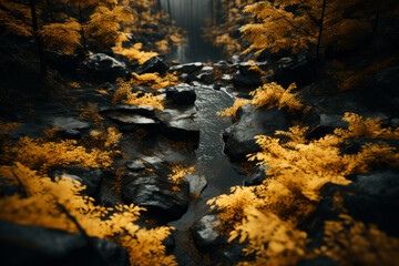 Autumn forest landscape, orange golden foliage, fall wallpaper, AI Generated