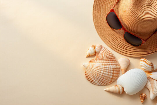 Stylish flat lay composition of sunglasses, a straw hat, and a seashells with copy space, suggesting a tropical vacation or beach getaway.