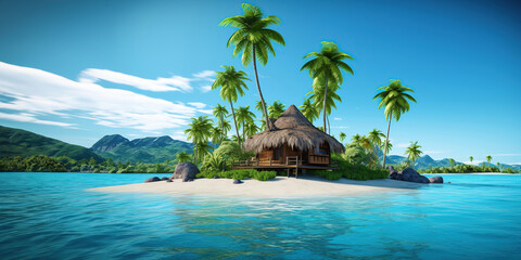 Tropical island with beach palms and a hut in the sea surrounded by water AI generated image - obrazy, fototapety, plakaty