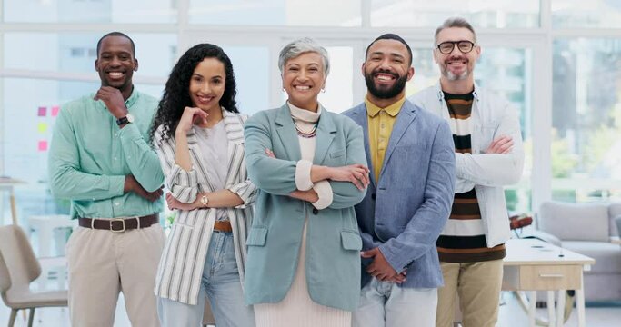 Happy creative group, team and confidence in leadership, management or about us at the office. Portrait of confident employee people with smile standing together in teamwork for startup at workplace