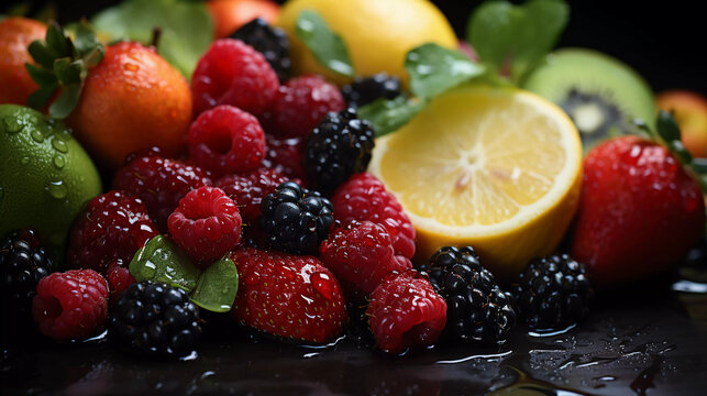 Vibrant Delights: A Detailed Look at Fruits and Berries, created with Generative AI Technology