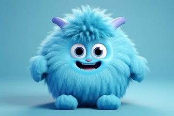 Cute blue furry monster 3D cartoon character.