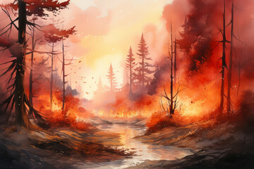 Coniferous Forest fire with fire and smoke. Generative AI illustration