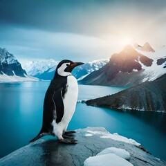 A serene scene of a penguin waddling along the sandy seashore, with icebergs floating in the distant sea, the penguin's sleek feathers glistening under the sunlight, creating a peaceful ambiance - obrazy, fototapety, plakaty