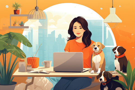 drawing of a woman working from home office, with her pets near her, ai generated.