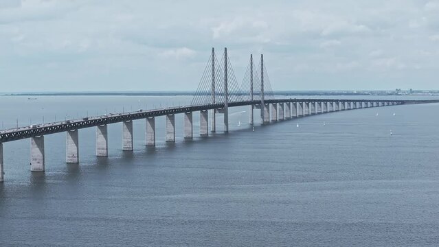 Panoramic aerial close up view of Oresund bridge over the Baltic sea between Malmo city in Sweden and Copenhagen in Denmark.
