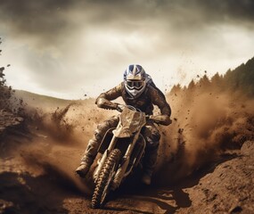 Motocross racer accelerating in dust track. motocross bike in a race representing the concept of speed and power in extreme man sport. Generative Ai.