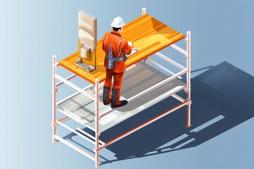 Isometric construction worker on scaffolding - obrazy, fototapety, plakaty