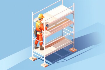 Isometric construction worker on scaffolding - obrazy, fototapety, plakaty