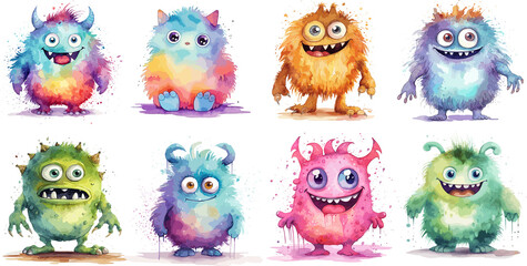 Cute Funny Monster Watercolor Illustration. Baby monster clipart. Generative AI - obrazy, fototapety, plakaty