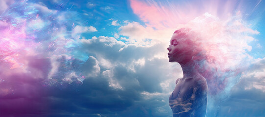 Beautiful profile of a young woman. Blue and pink sky with clouds background. Spiritual or religious concept. Banner with copy space. Generative AI. 