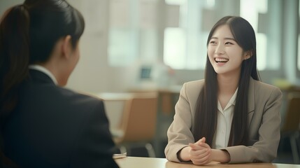 A Korean teacher smiling while interviewing a student in a classroom. generative AI - obrazy, fototapety, plakaty