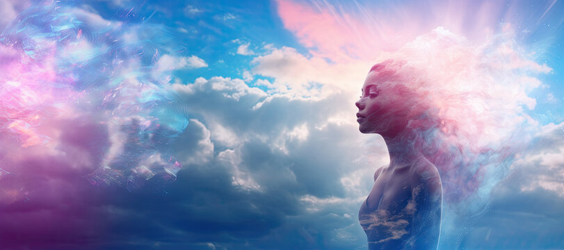 Beautiful profile of a young woman. Blue and pink sky with clouds background. Spiritual or religious concept. Banner with copy space. Generative AI. 