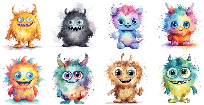 Cute Funny Monster Watercolor Illustration. Baby monster clipart. Generative AI