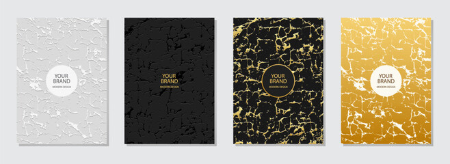 Fototapeta na wymiar Cover design set. Modern abstract backgrounds, marble grunge texture, crack. Geometric 3d embossed, golden pattern. Modern collection of vector vertical templates for creativity, brochure, notebook 