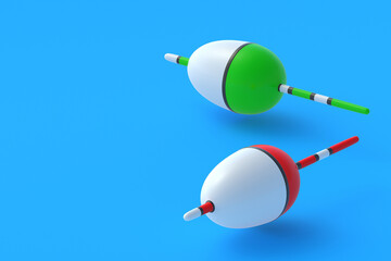 Fishing floats. Accessories for hobby and leisure. Copy space. 3d render